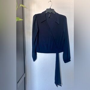 Women’s Navy Blue Sheer Bubble Sleeve Tie Waist Blouse 🌙✨ Size: Medium NWOT